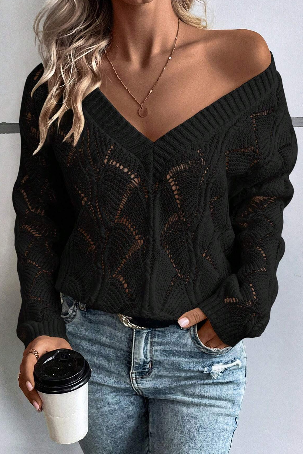Beige Hollow Out Knit V Neck Drop Shoulder Sweater - loveforevers