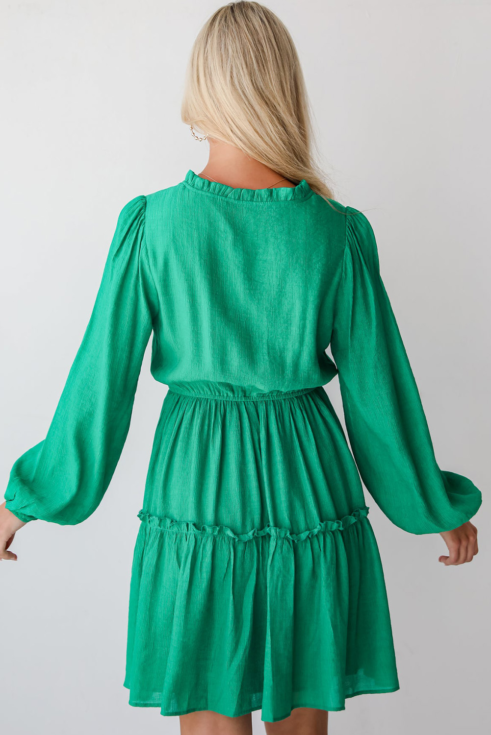 Sea Green Frilly V Neck Puff Sleeve Drawstring Shift Mini Dress - loveforevers