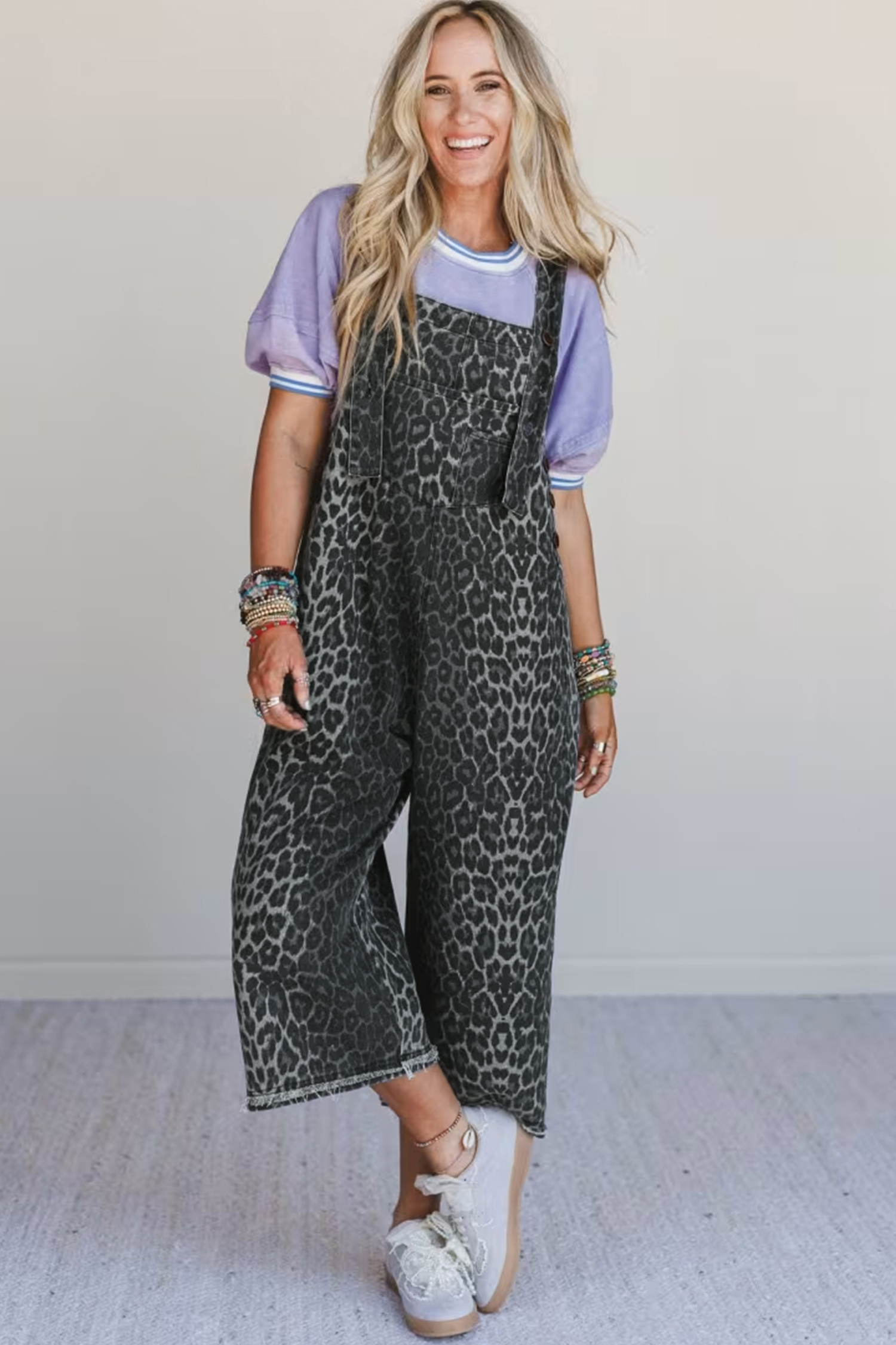 Gray Leopard Print Button Adjustable Straps Cropped Loose Denim Overalls - loveforevers