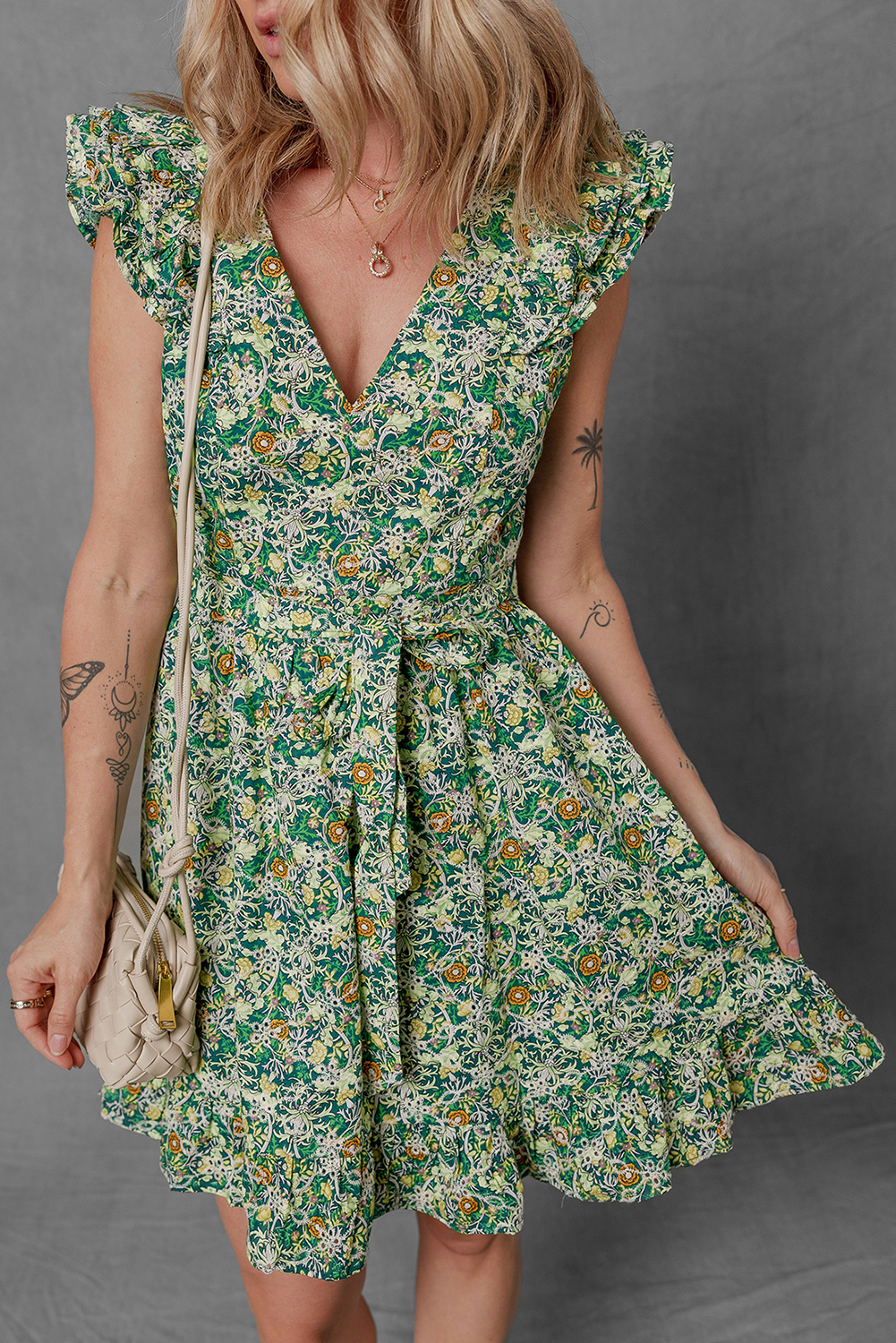 Green Flower Print Flutter Sleeve V Neck Sashed Ruffled Mini Dress - loveforevers