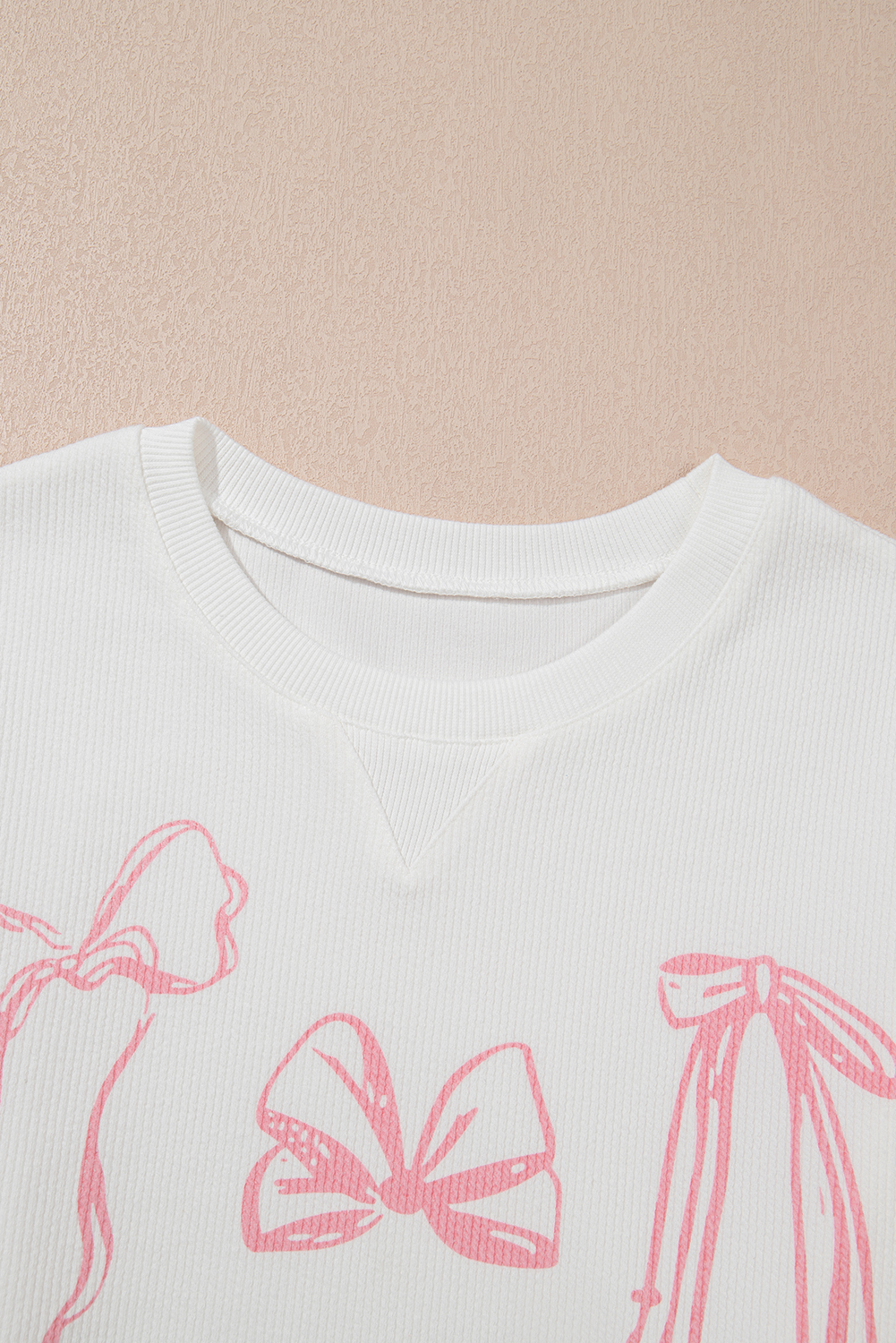 White Bowknot Pattern Corded Long Sleeve Drop Shoulder Top - loveforevers