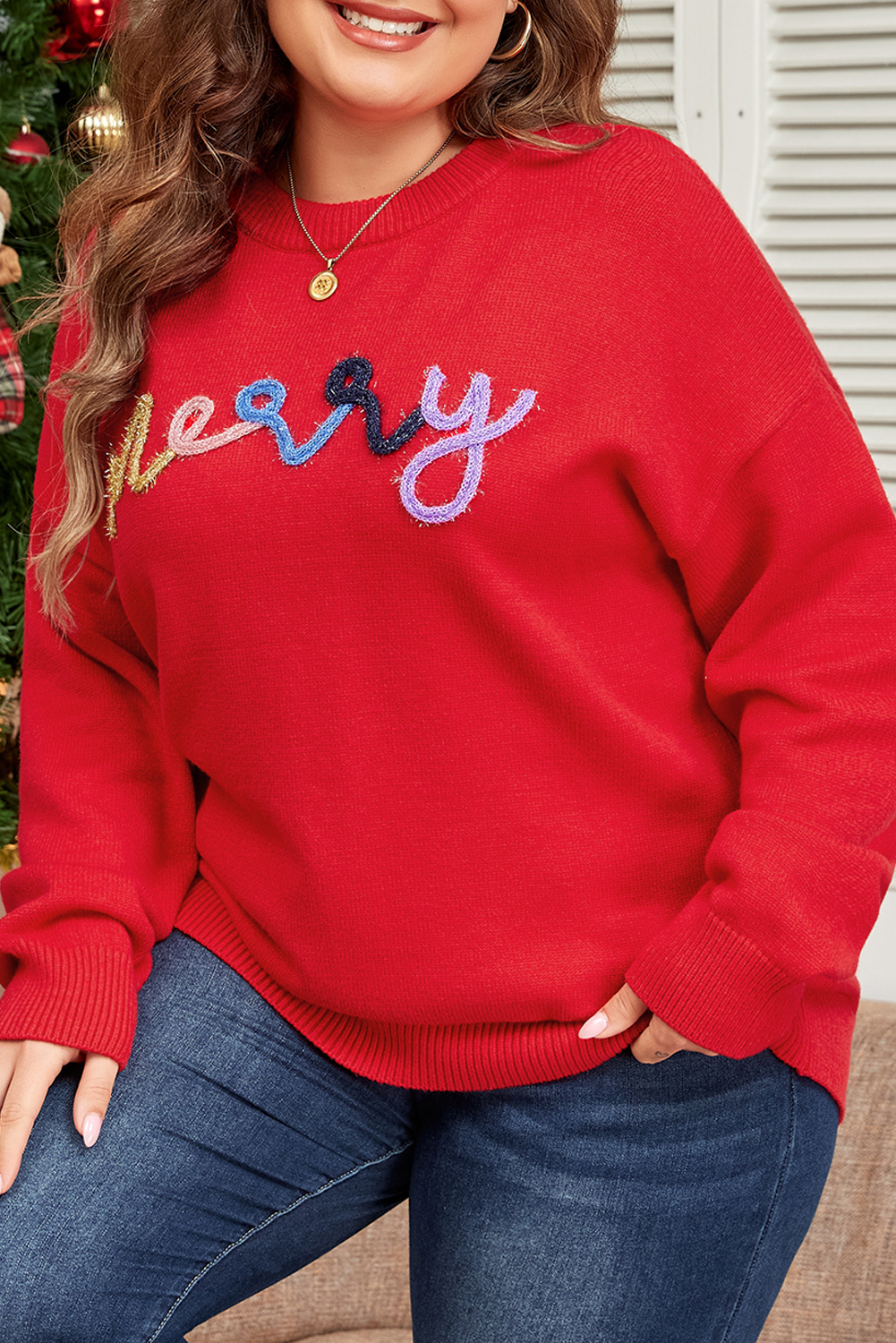 Fiery Red Tinsel Merry Letter Drop Shoulder Baggy Sweater - loveforevers