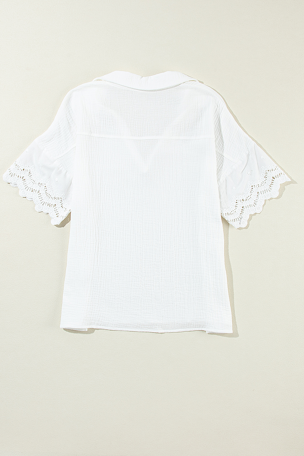 White Crinkled Lace Splicing Sleeve Collared V Neck Blouse - loveforevers