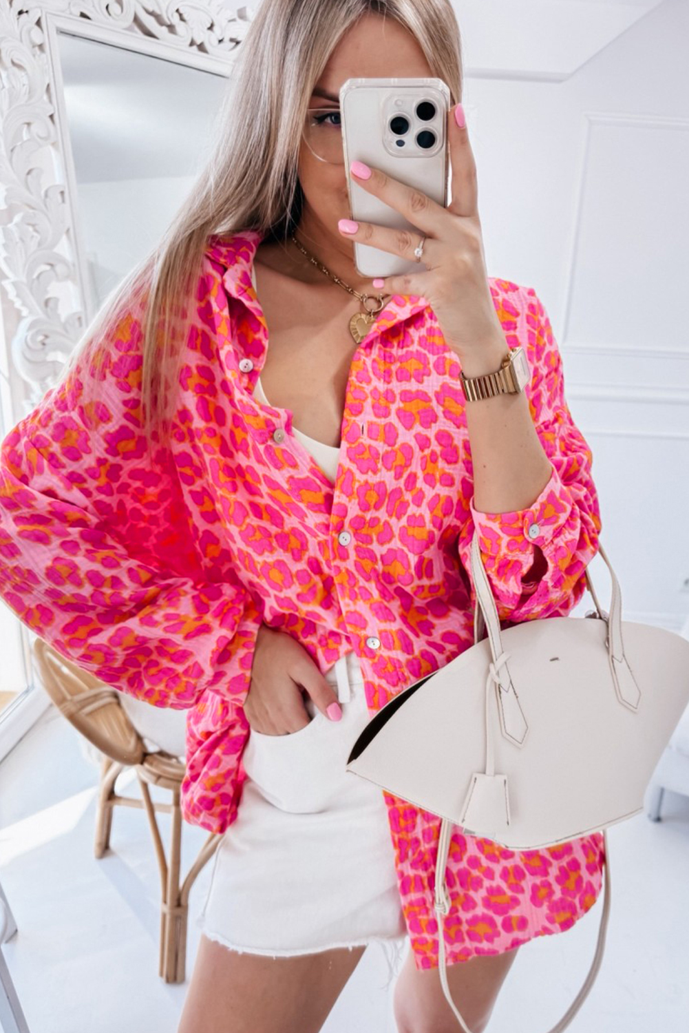 Rose Leopard Printed Button Up Loose Shirt - loveforevers