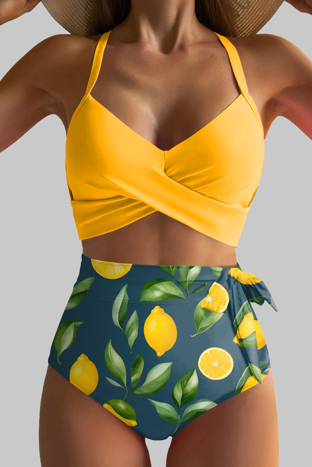 Yellow Crossed Straps Twisted Tropical Print Knot Side High Waist Bottom 2pcs Swimsuit - loveforevers