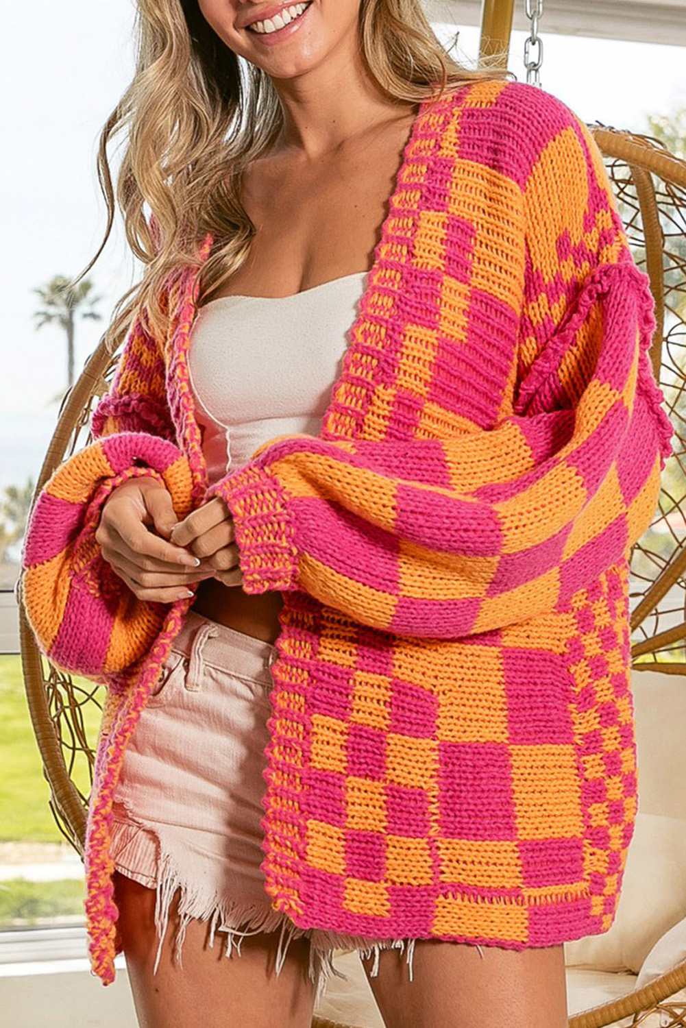 Multicolor Open Front Mixed Checkered Pattern Knit Cardigan - loveforevers