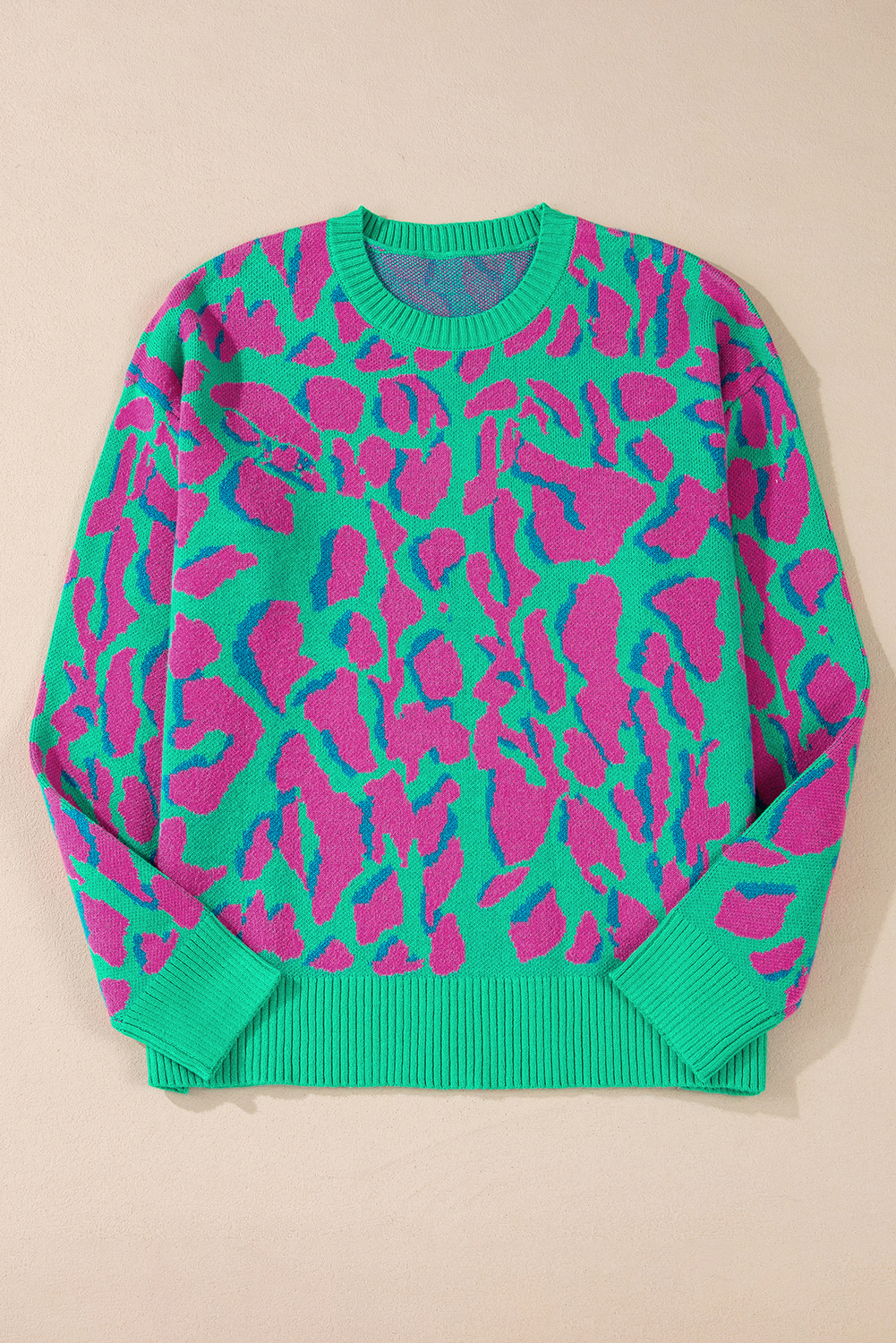 Green Abstract Print Ribbed Trim Baggy Sweater - loveforevers