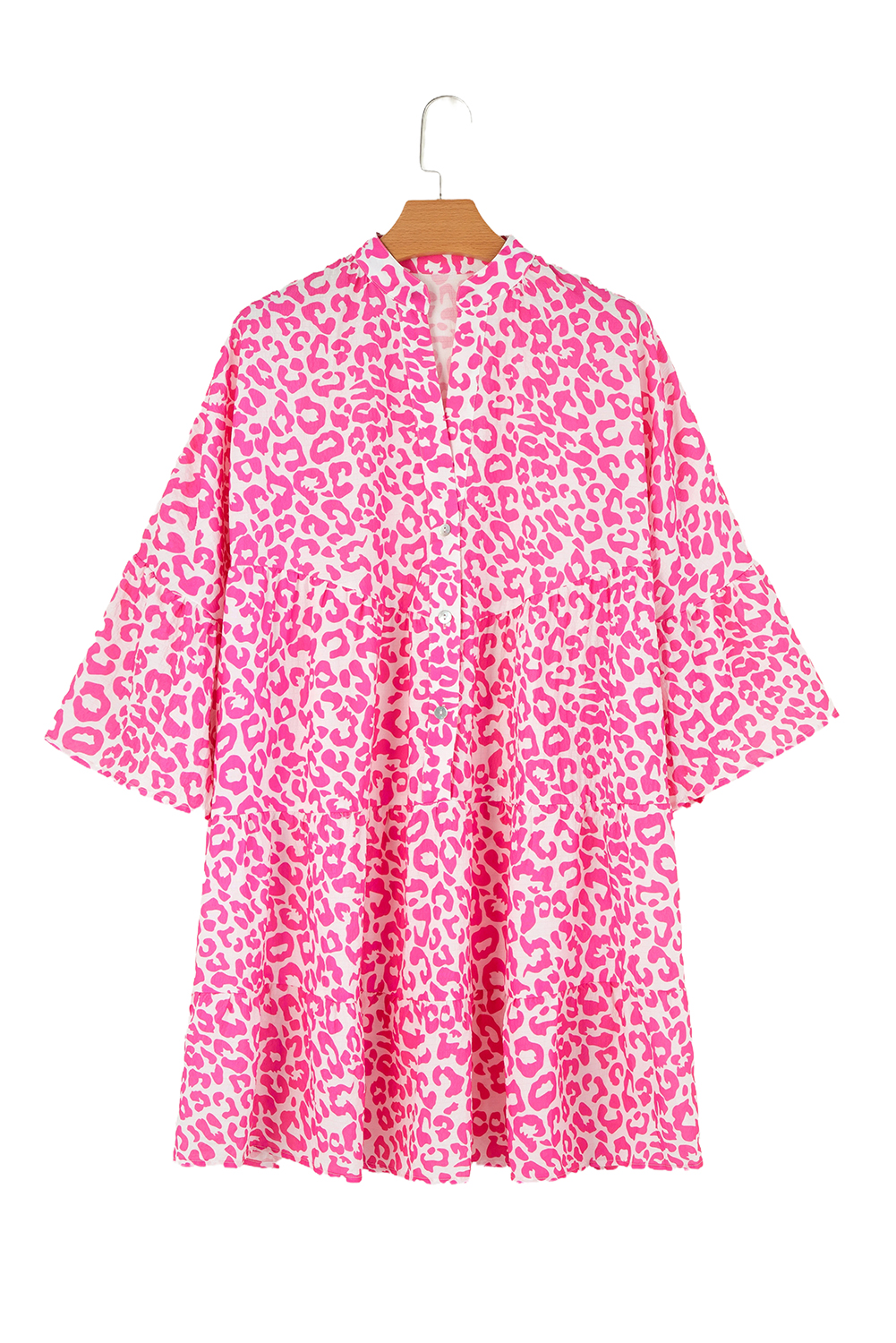 Bright Pink Leopard Printed Long Sleeve Buttoned Front Mini Dress - loveforevers