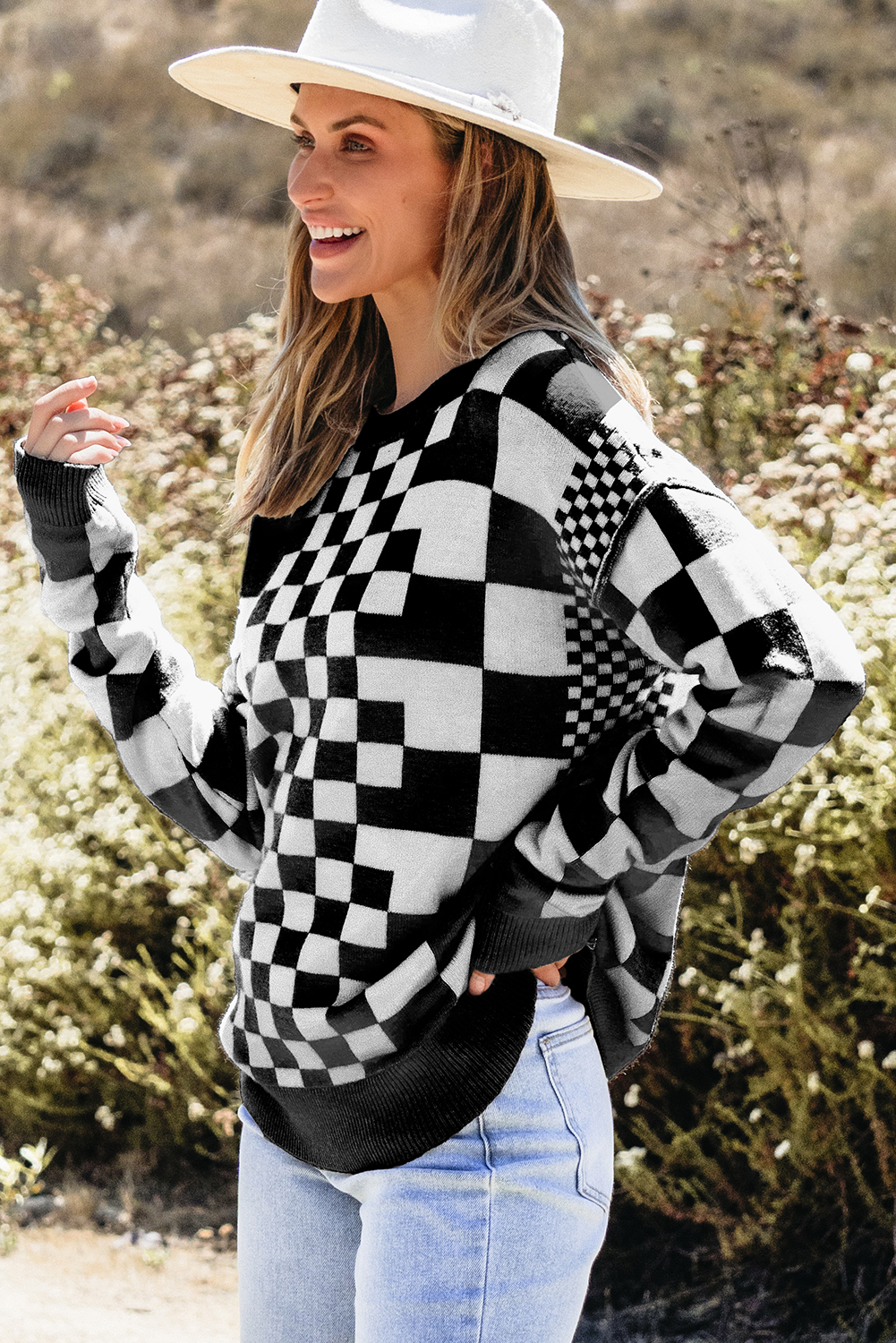 Khaki Checkered Print Drop Shoulder Round Neck Sweater - loveforevers