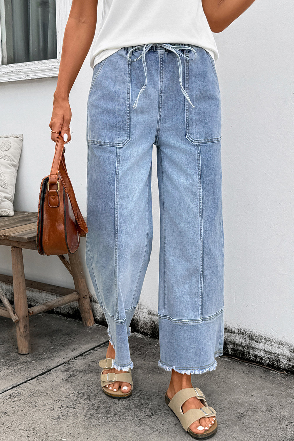 Beau Blue Drawstring Seam Detail Raw Hem Wide Leg Denim Pants - loveforevers
