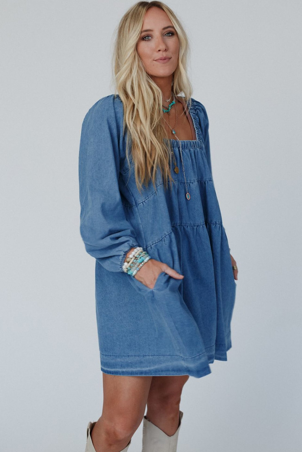 Dusk Blue Square Neck Side Pockets Loose Fit Denim Mini Dress - loveforevers