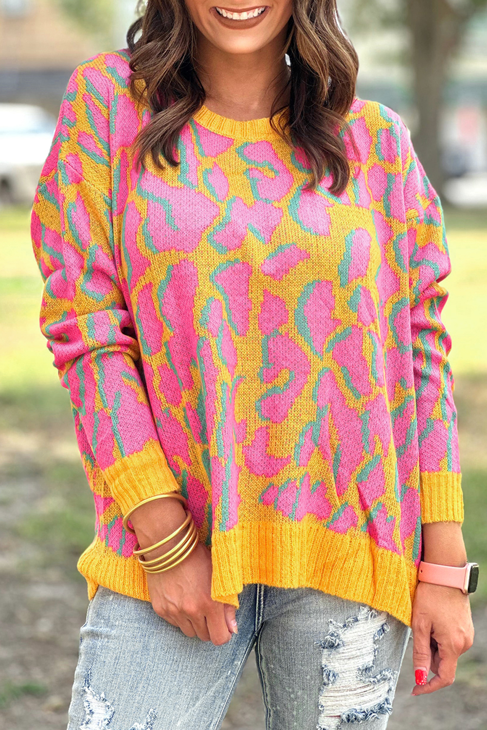 Green Abstract Print Ribbed Trim Baggy Sweater - loveforevers