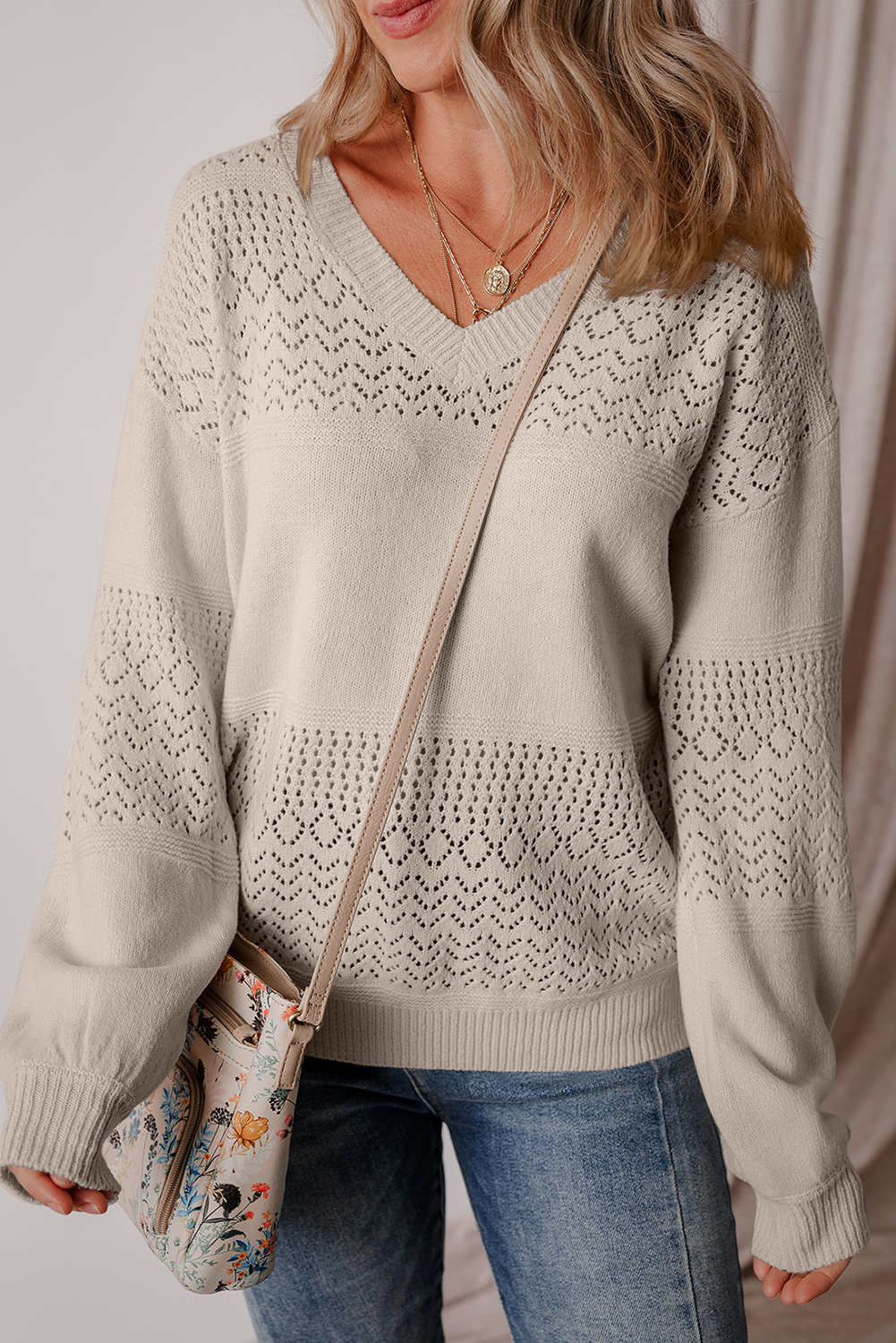 Sky Blue Eyelet Pattern Detail V Neck Drop Shoulder Sweater - loveforevers