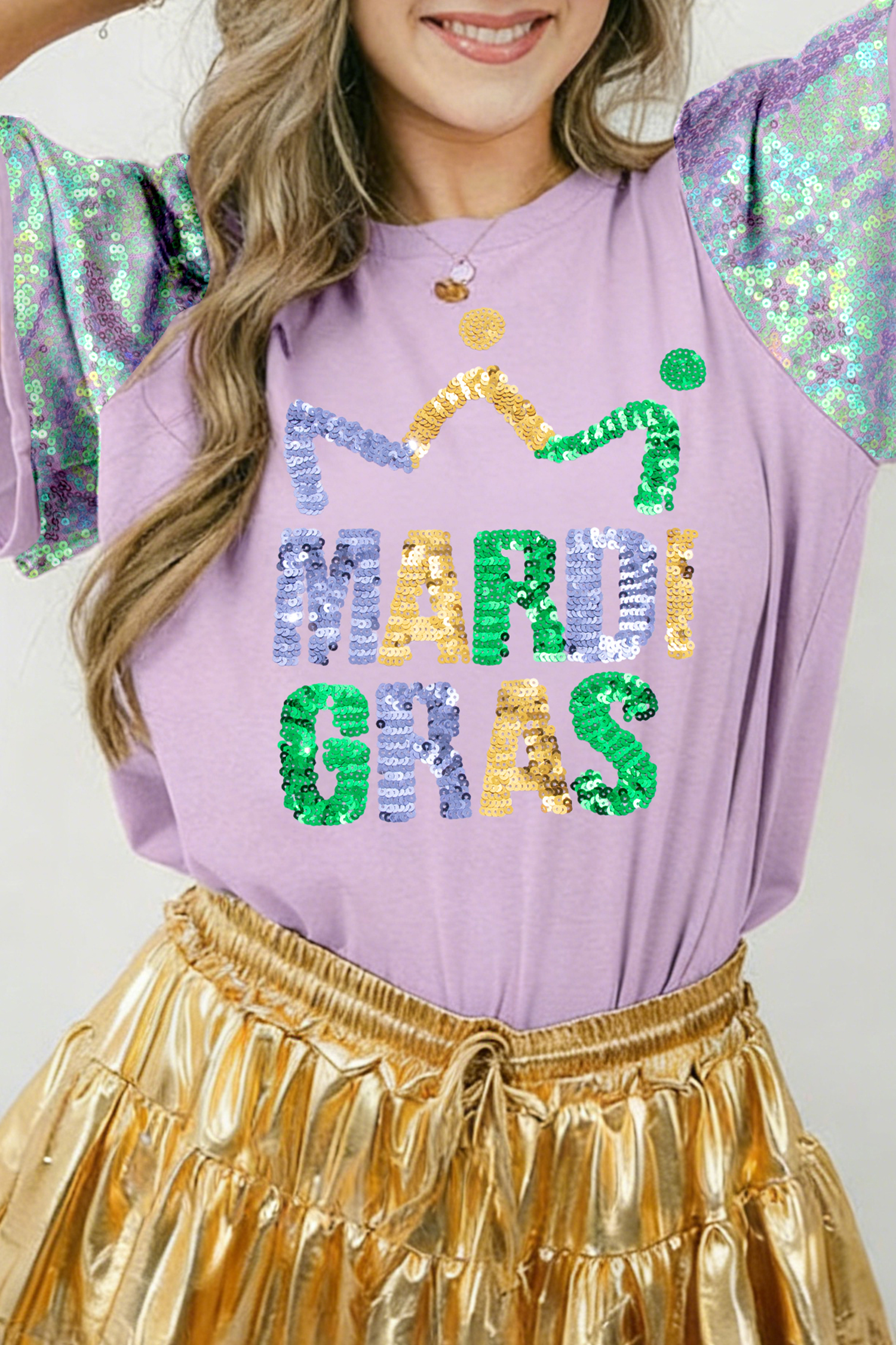 Orchid Petal Sequined MARDI GRAS Graphic Patchwork T Shirt - loveforevers