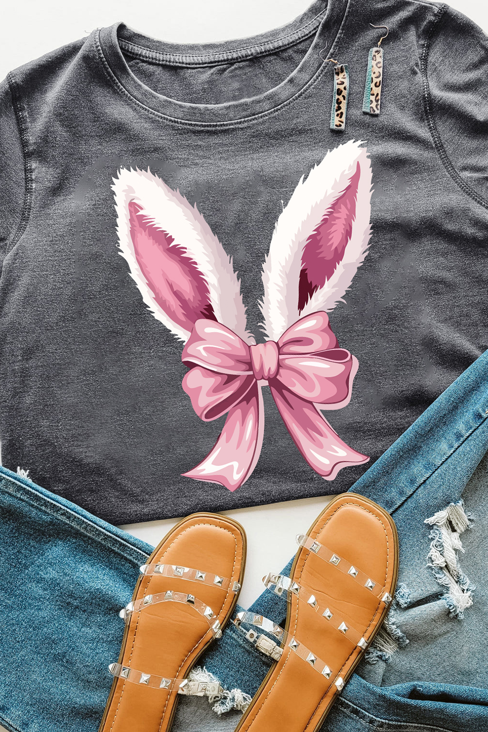 Gray Bunny Ear Bow Printed Easter Fashion T Shirt - loveforevers