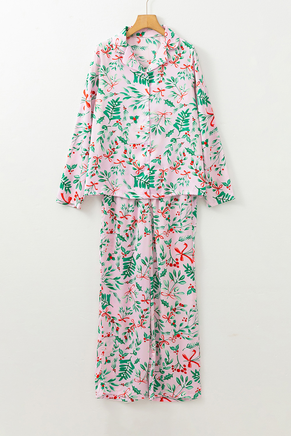 Pink Christmas Berries Plant Print Satin Long Sleeve Pajama Set - loveforevers