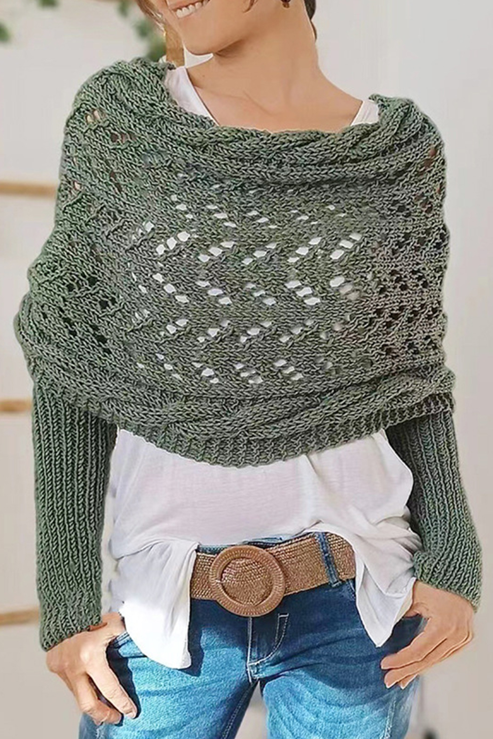 Gray Cross Detail Hollowed Knit Scarf with Sleeves - loveforevers