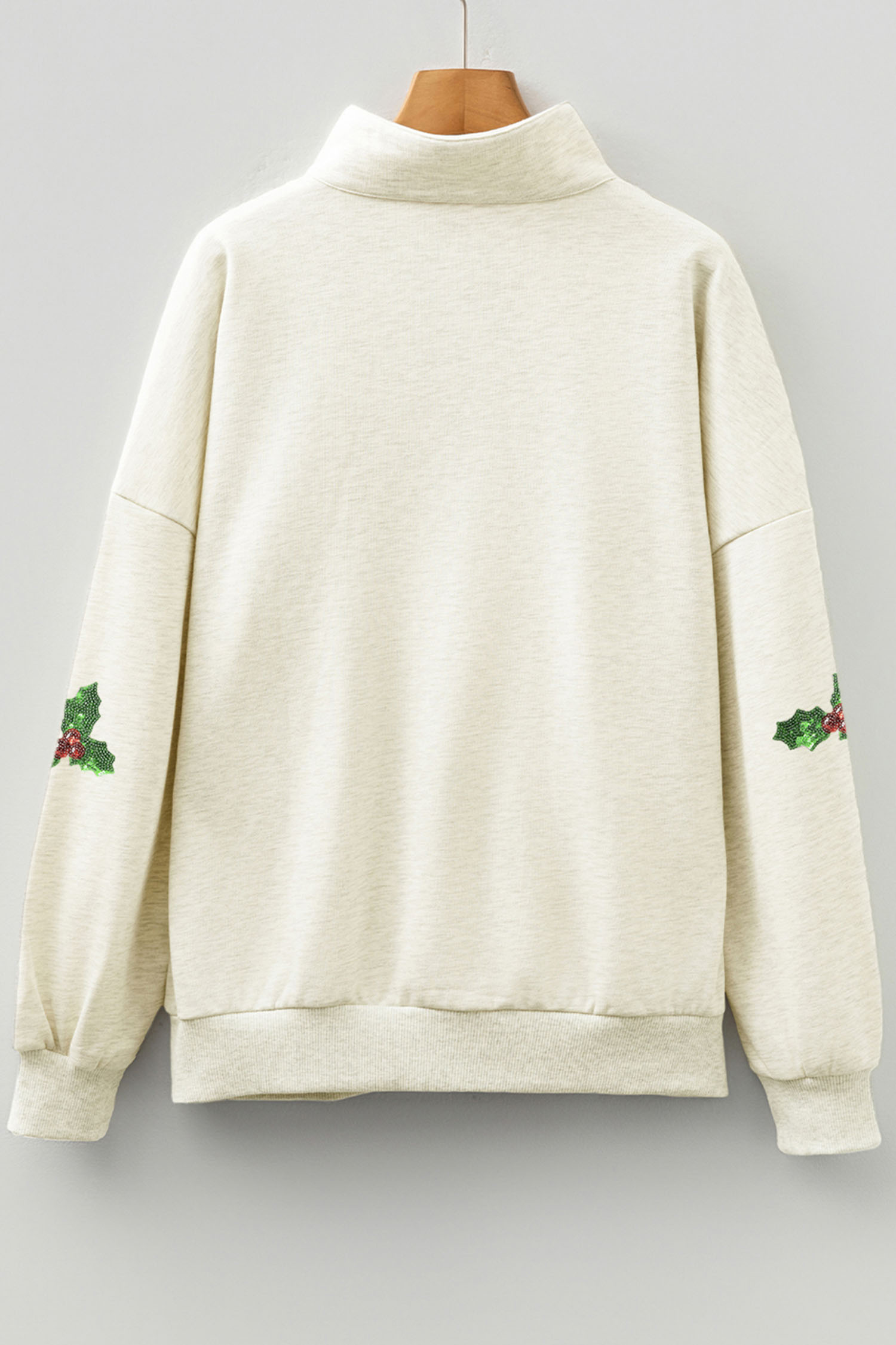 Light Grey Sequin Santa Christmas Holly Patched Striped Trim Zip V Neck Sweatshirt - loveforevers