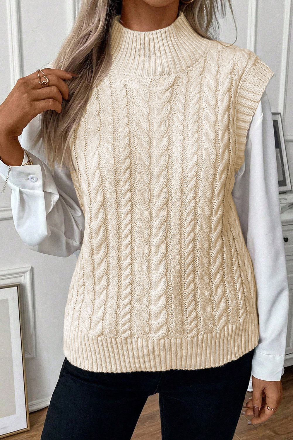 Oatmeal Cable Knit High Neck Sweater Vest - loveforevers