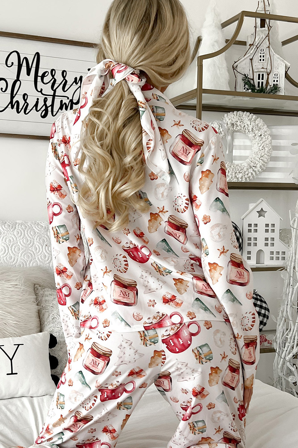 White Christmas Pattern Long Sleeve Shirt and Pants Pajama Set - loveforevers
