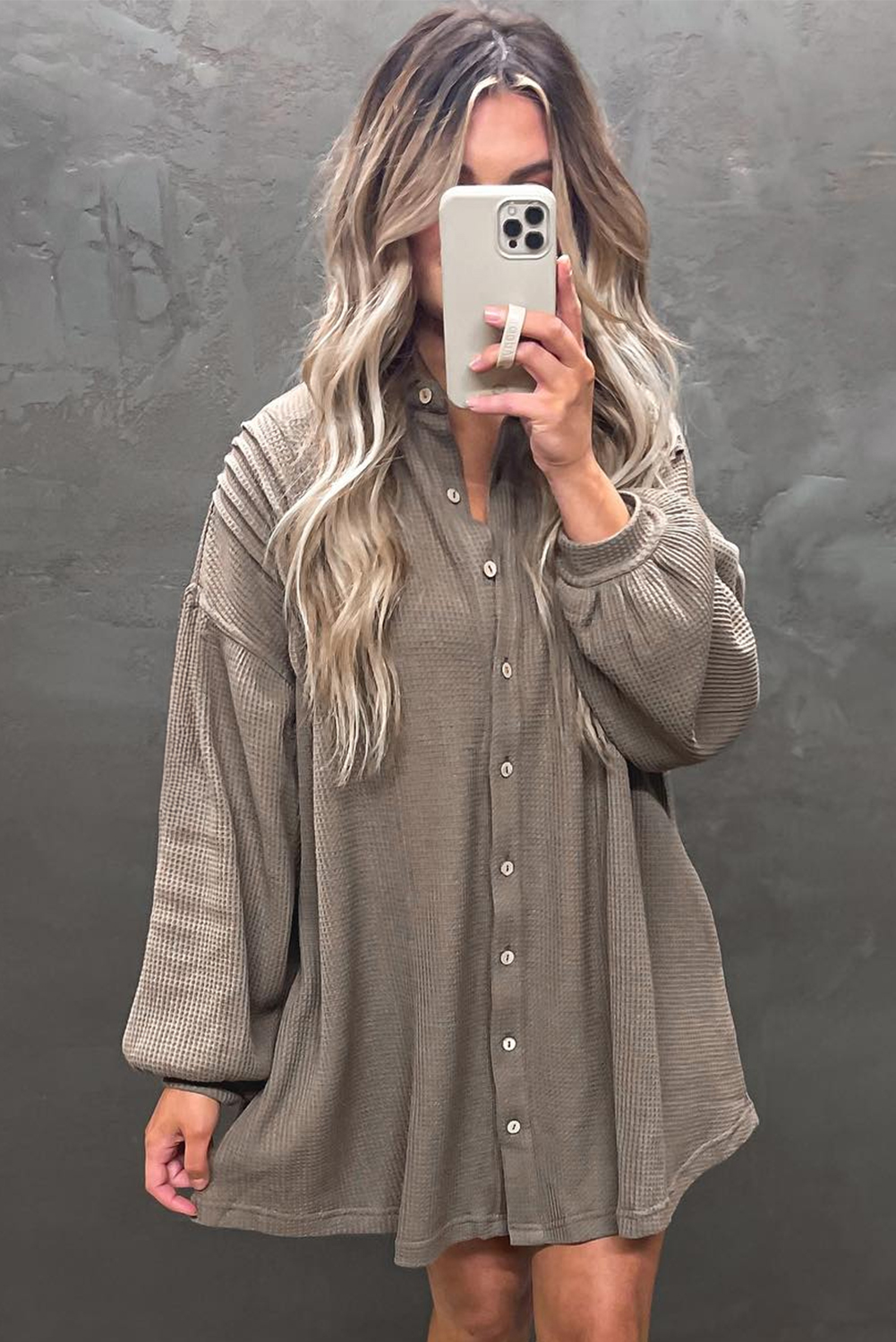 Simply Taupe Waffle Knit Shirt Tunic Dress - loveforevers