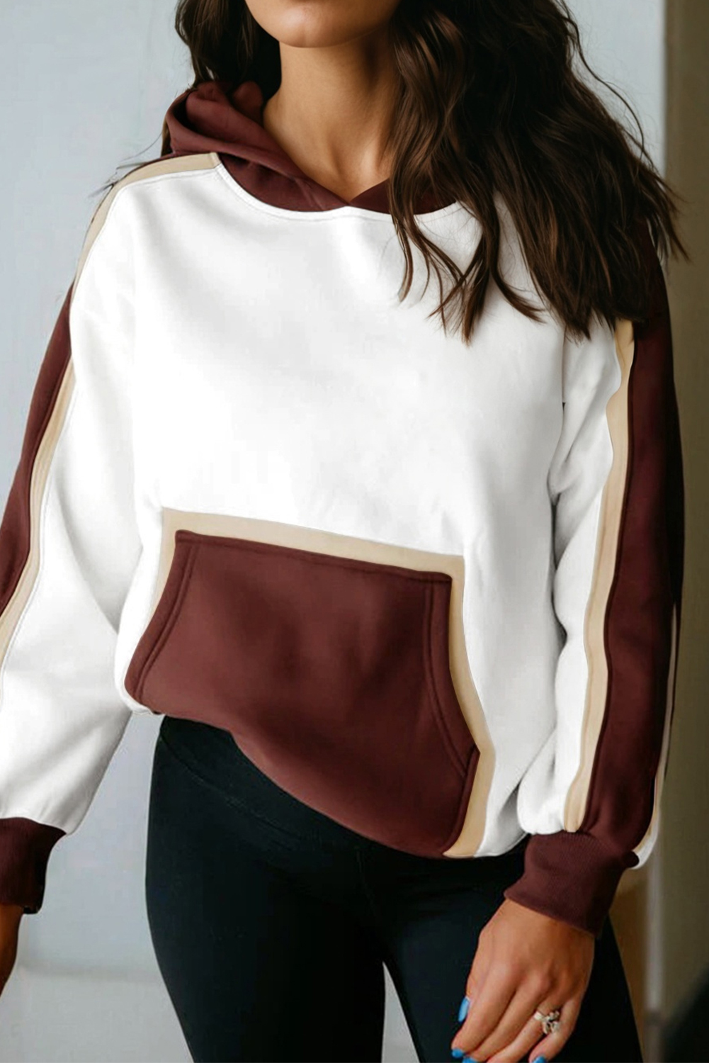 Coffee Color Block Patchwork Athleisure Hooded Sweatshirt - loveforevers
