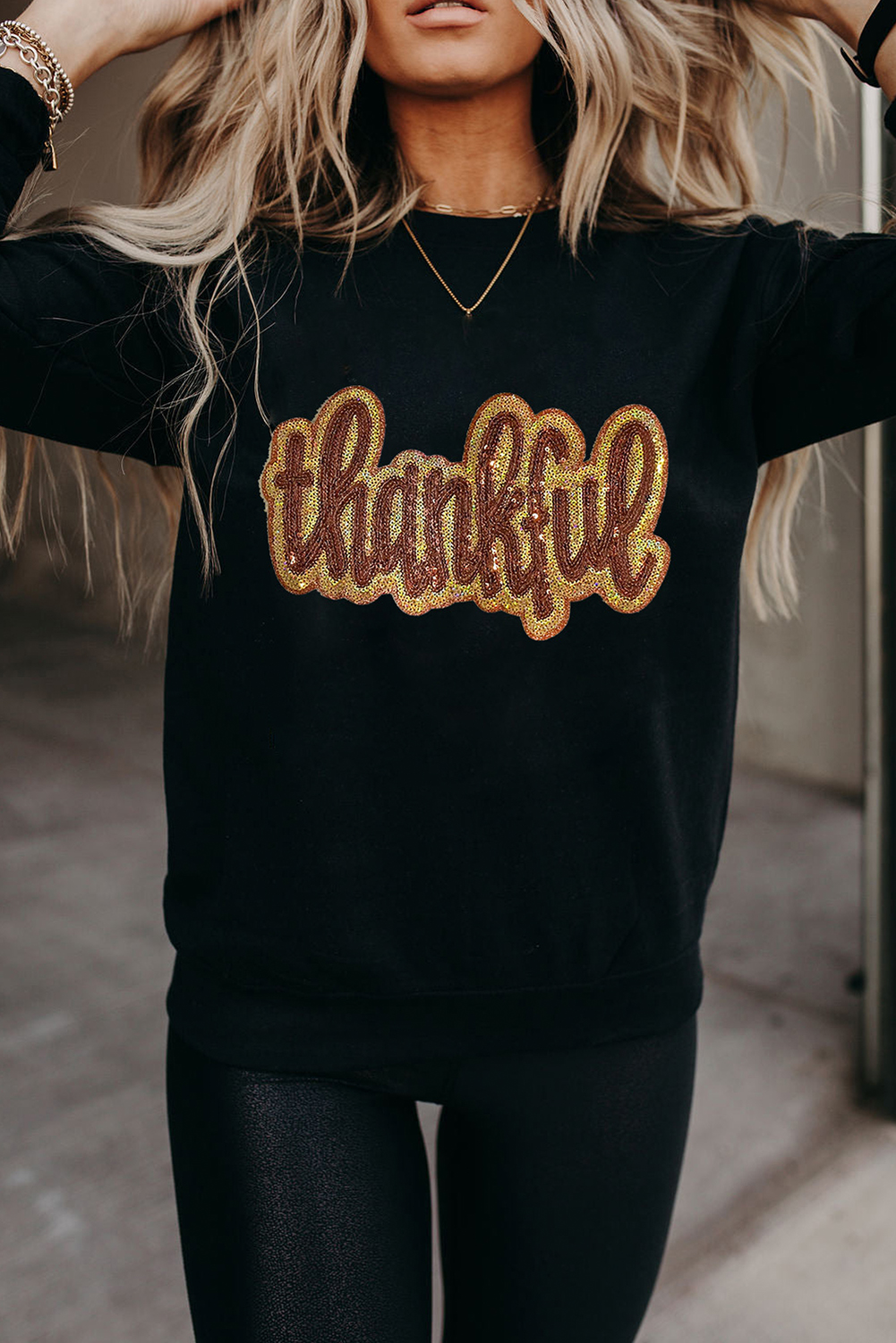 Black Glittering thankful Graphic Drop Shoulder Sweatshirt - loveforevers