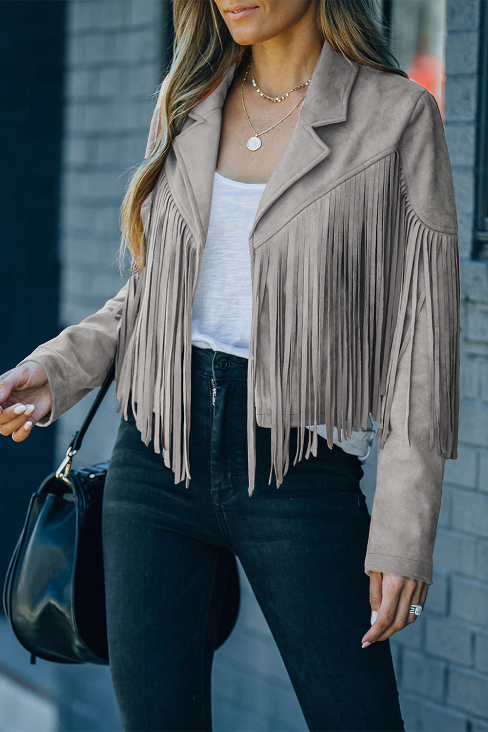 Gray Cropped Fringe Faux Suede Jacket - loveforevers