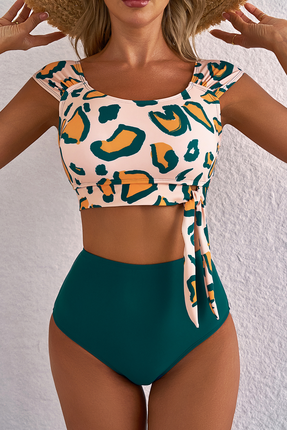 Green Leopard Print U Neck Knotted High Waist Bikini Set - loveforevers