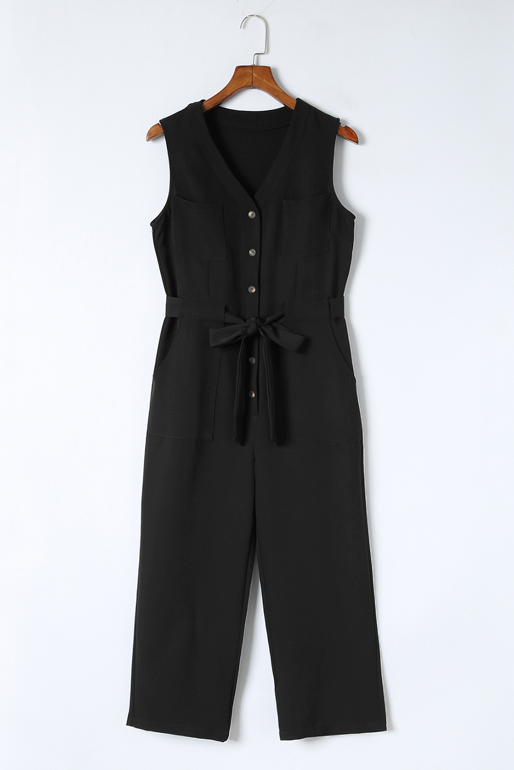 Black Buttoned Sleeveless Cropped Jumpsuit with Sash - loveforevers