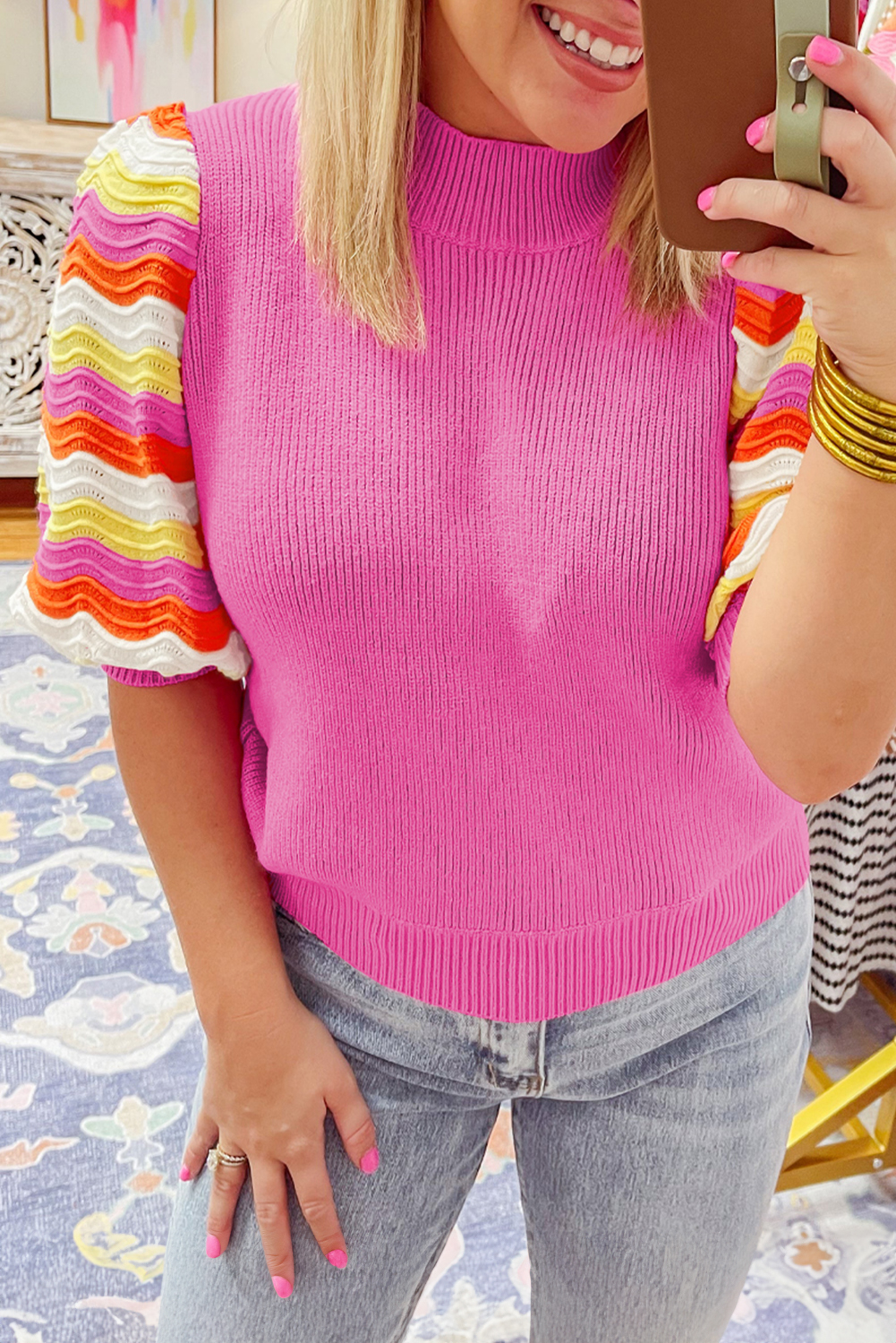 Pink Ribbed Knit Contrast Sleeve Sweater Top - loveforevers