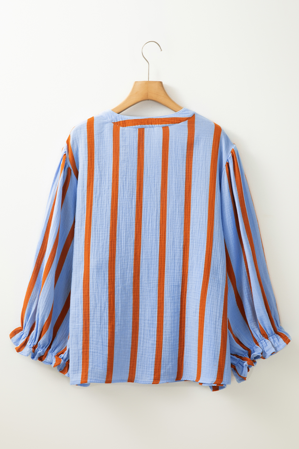 Sky Blue Stripe Crinckled Ruffled Sleeve Button up Loose Shirt - loveforevers