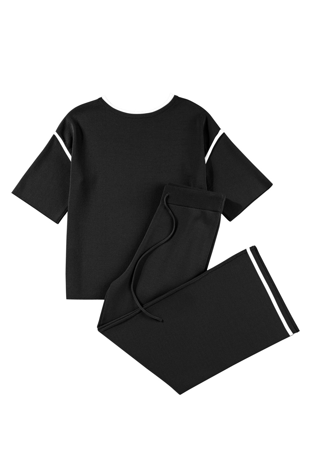Blackish Green Contrast Trim Half Sleeve Top Drawstring Pants Loose 2pcs Sweater Suit - loveforevers