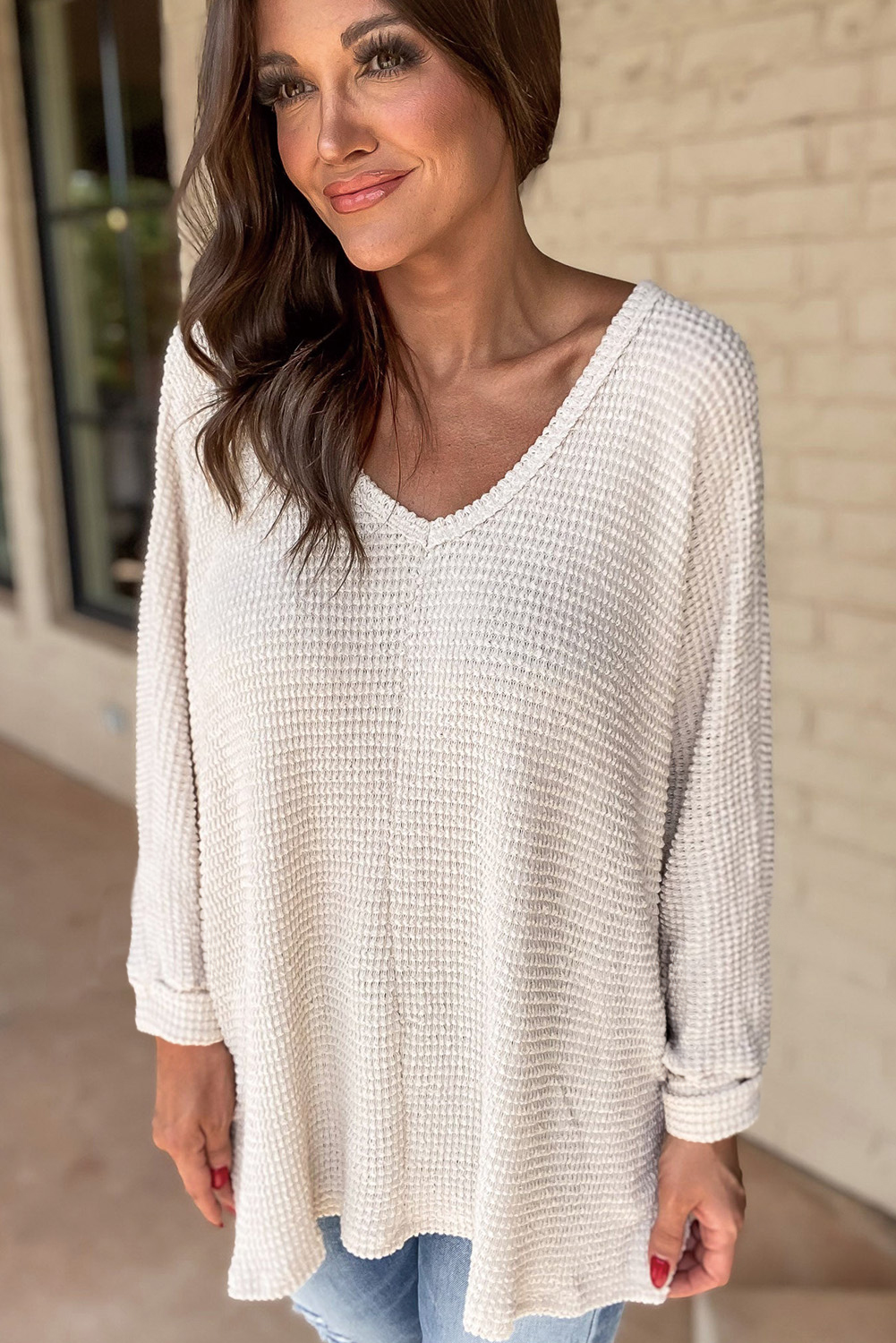 White Waffle Knit Side Slits Loose Fit V Neck Top - loveforevers