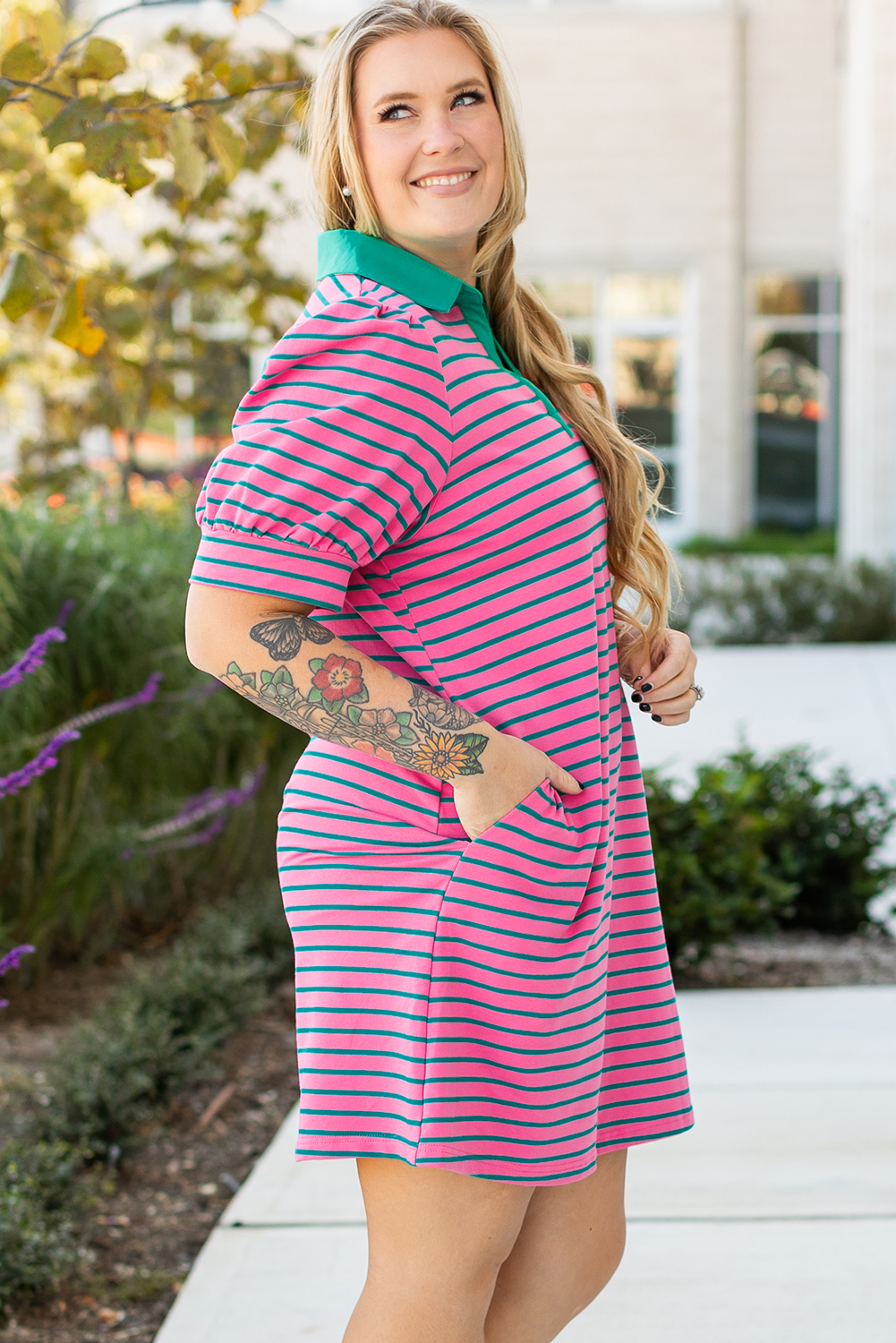 Pink Stripe Collared V Neck Puff Sleeve T Shirt Dress - loveforevers