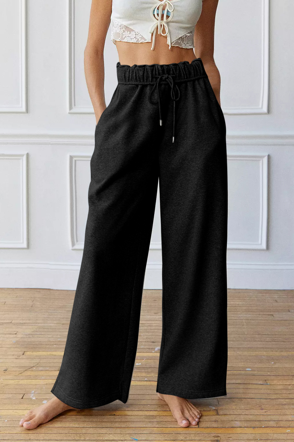 Black Elastic High Waist Drawstring Sweatpants - loveforevers
