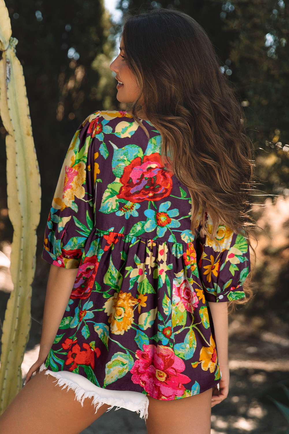 Greyish Purple Rose Flower Embroidered Trim Half Sleeve Blouse - loveforevers