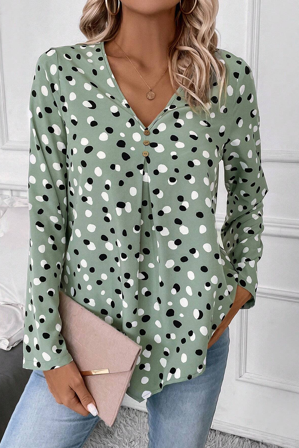 Green Polka Dot Print Button Front V Neck Blouse - loveforevers