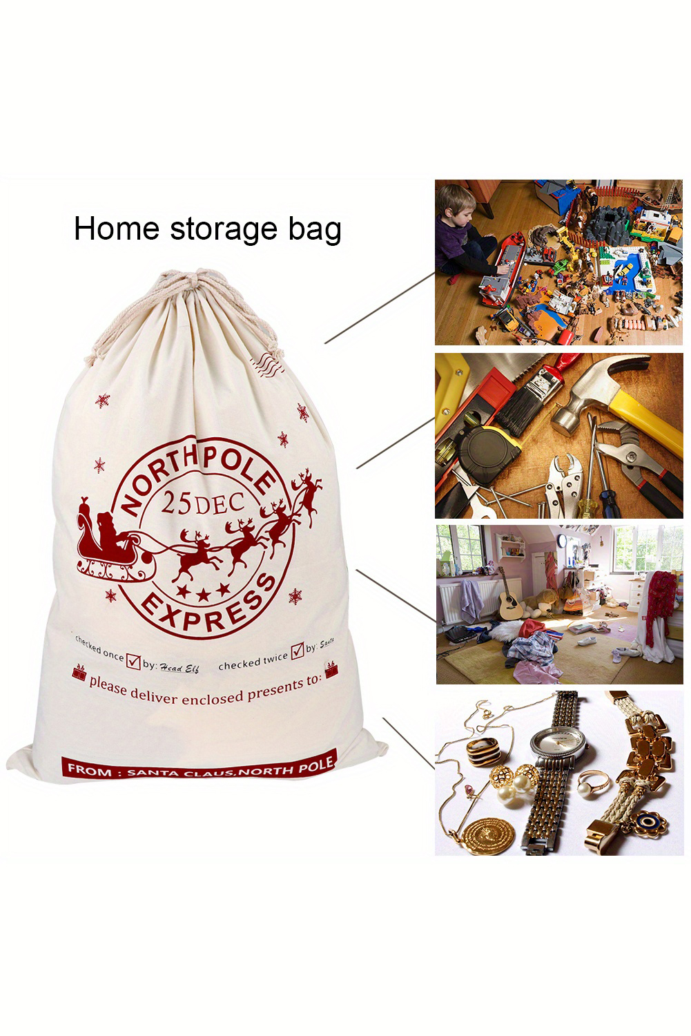 White Christmas Santa Claus Elk Letter Print Drawstring Gift Sack Bag - loveforevers