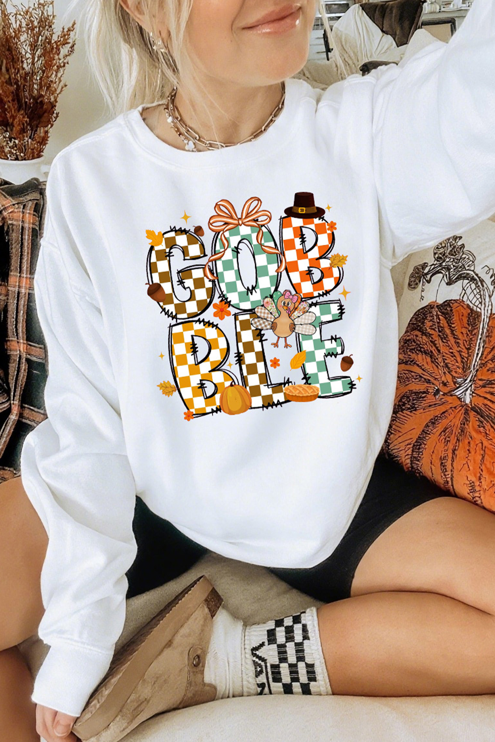 White GOBBLE Checkered Letter Print Thanksgiving Turkey Graphic Sweatshirt - loveforevers