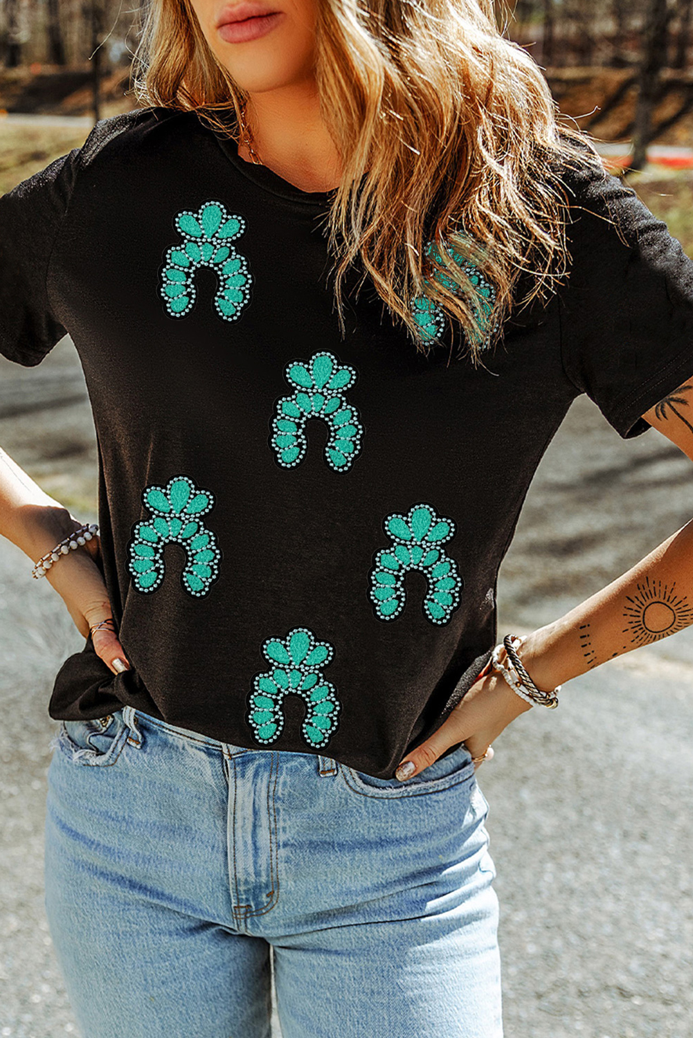 Black Western Turquoise Pattern Sequin Patched T Shirt - loveforevers