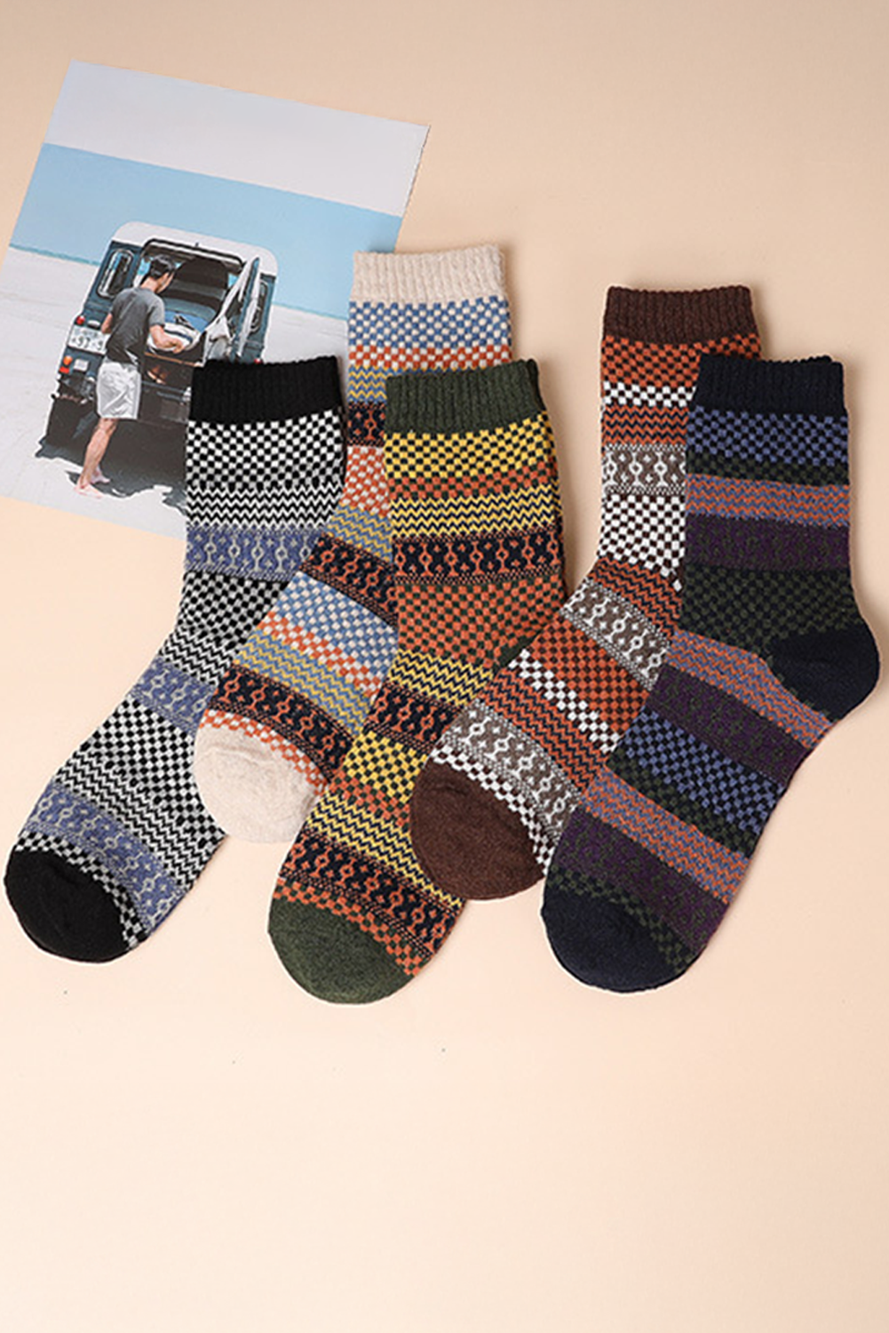 Brown Boho Checkered Pattern Soft Crew Socks Set - loveforevers
