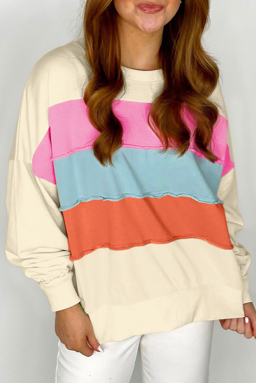 White Colorblock Patchwork Crewneck Drop Shoulder Sweatshirt - loveforevers