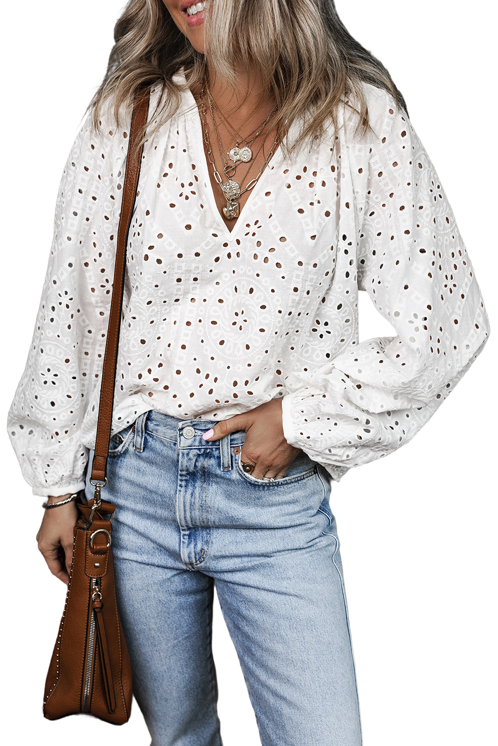 White Eyelet Embroidered Puff Sleeve V Neck Blouse - loveforevers