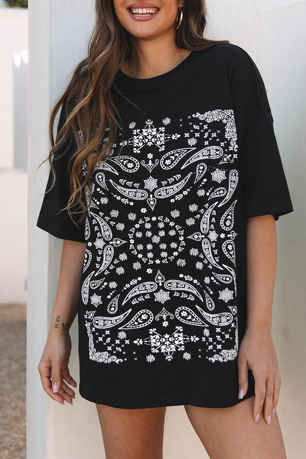 Black Paisley Print Crew Neck Loose Fit Tunic Tee - loveforevers