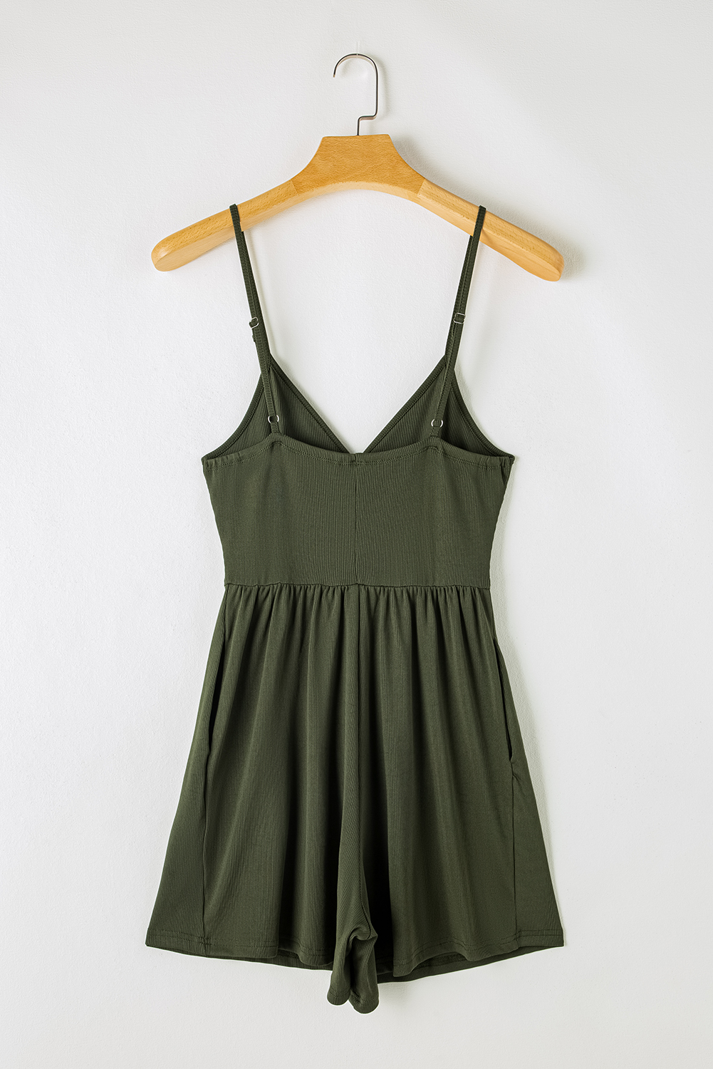 Moss Green Spaghetti Straps Cinched Waist Ribbed Romper - loveforevers