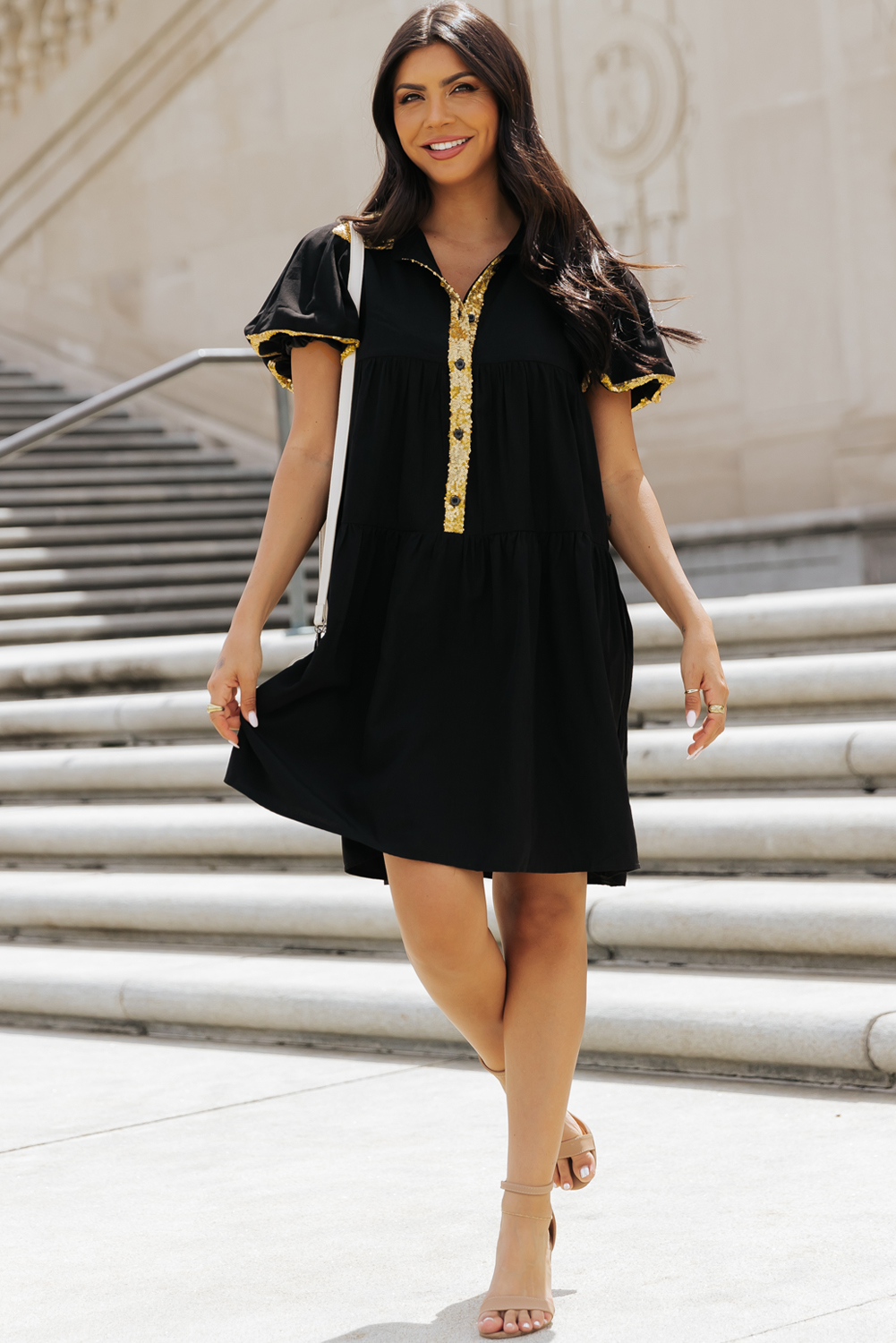 Black Sequin Trim Bubble Sleeve Game Day Shirt Dress - loveforevers