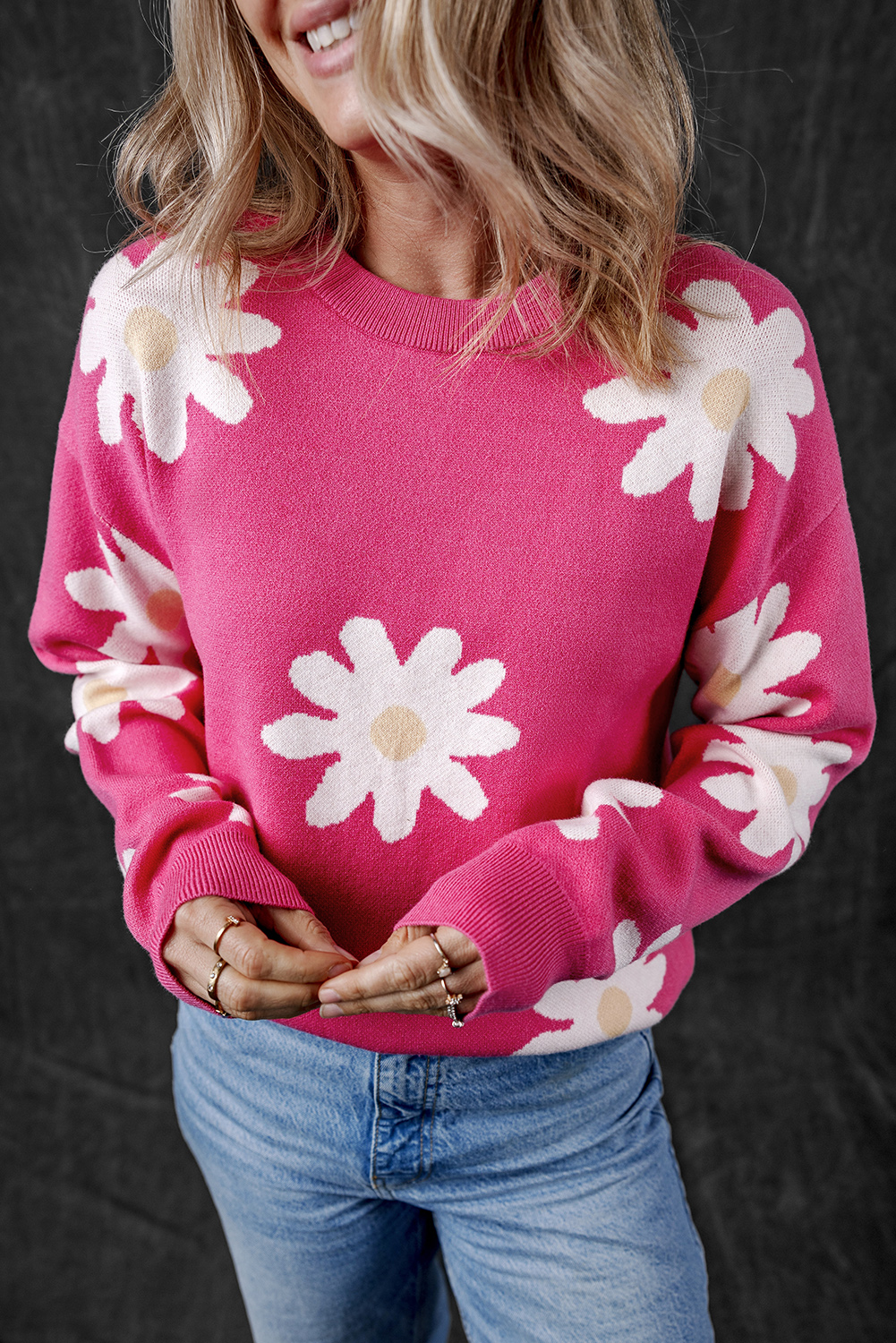 Bright Pink Daisy Flower Crew Neck Long Sleeve Sweater - loveforevers