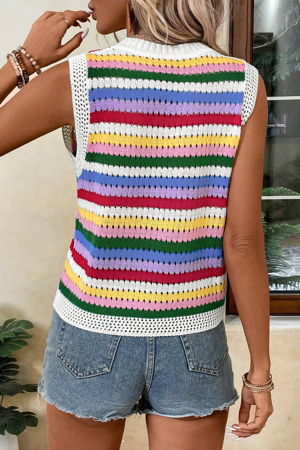 Multicolour Striped Knitted Eyelet Slim Sweater Vest - loveforevers