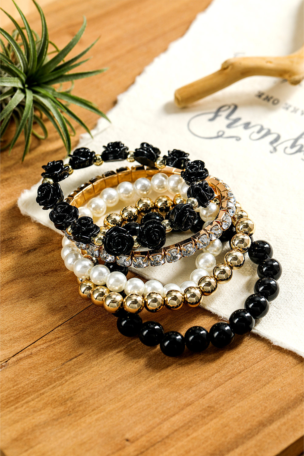 Black Flower Rhinestone Beaded Multi Layer Bracelet Set - loveforevers